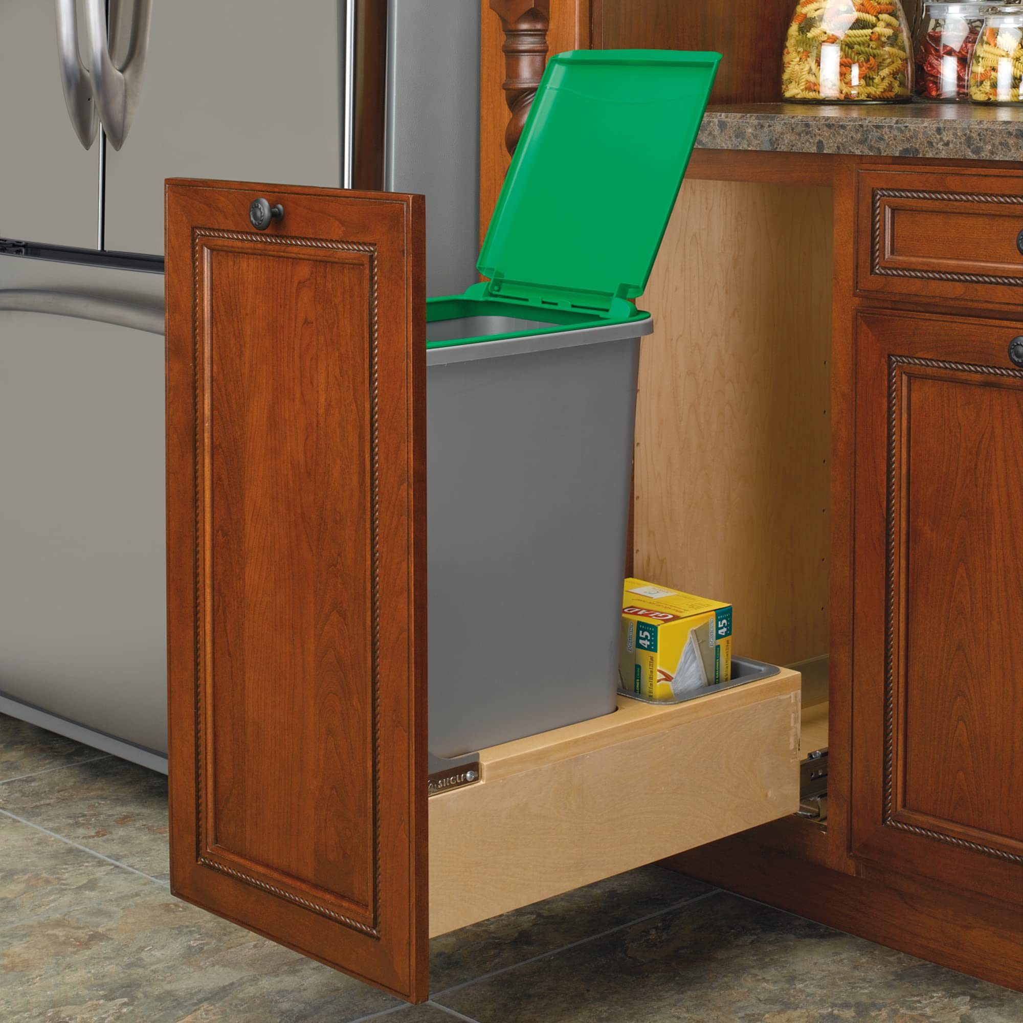 Rev-A-Shelf Pull Out Under Counter Trash Can, 50 Qt 12.5 Gal Garbage Container with Soft-Close and Soft-Open Slides, Silver, 4WCBM-1550DM-1