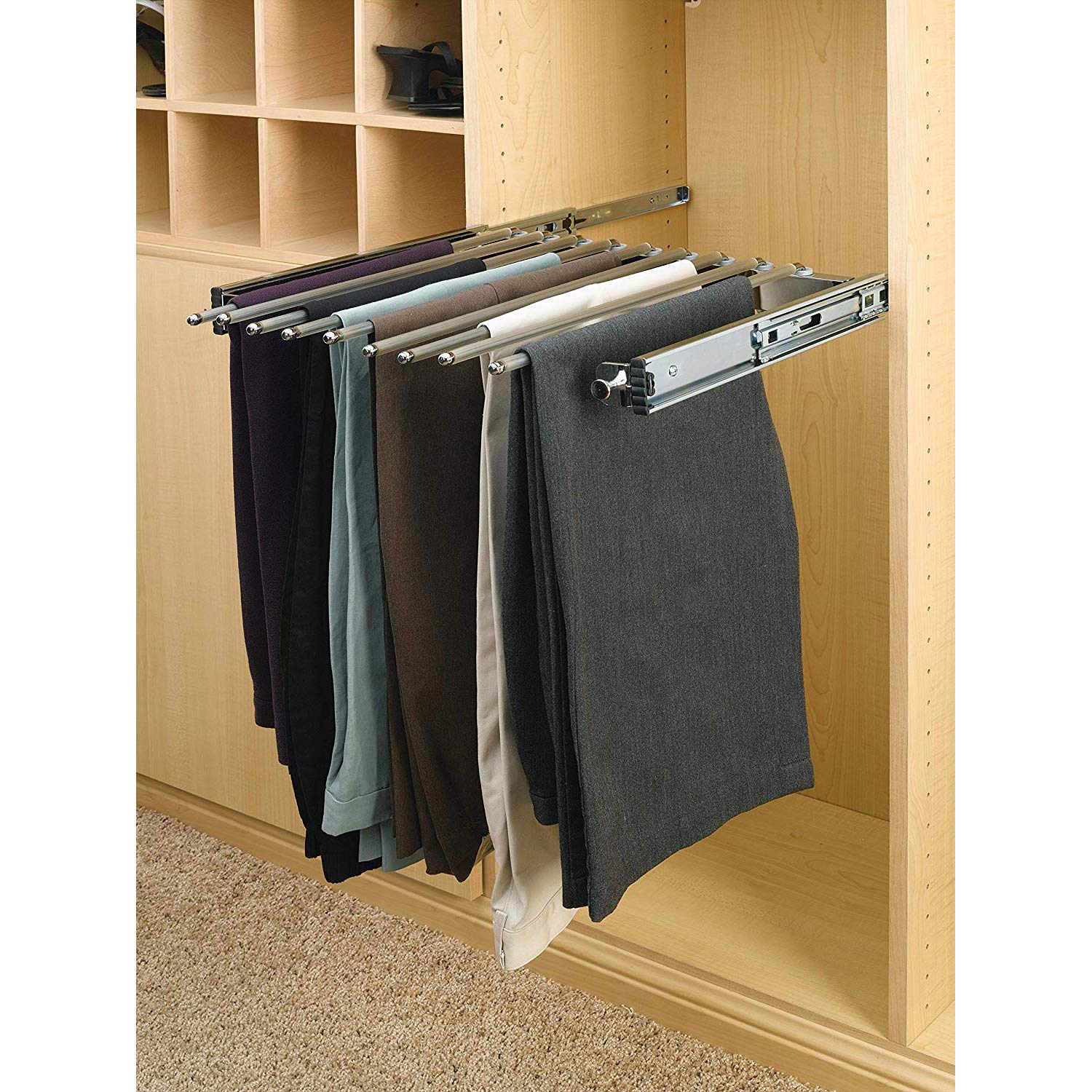 Rev-A-Shelf 17.5" Pull Out Wire Frame for 9 Pairs of Trouser Pant Rack for Space Saving Home Closet Storage Organization, Chrome, PSC-1814CR
