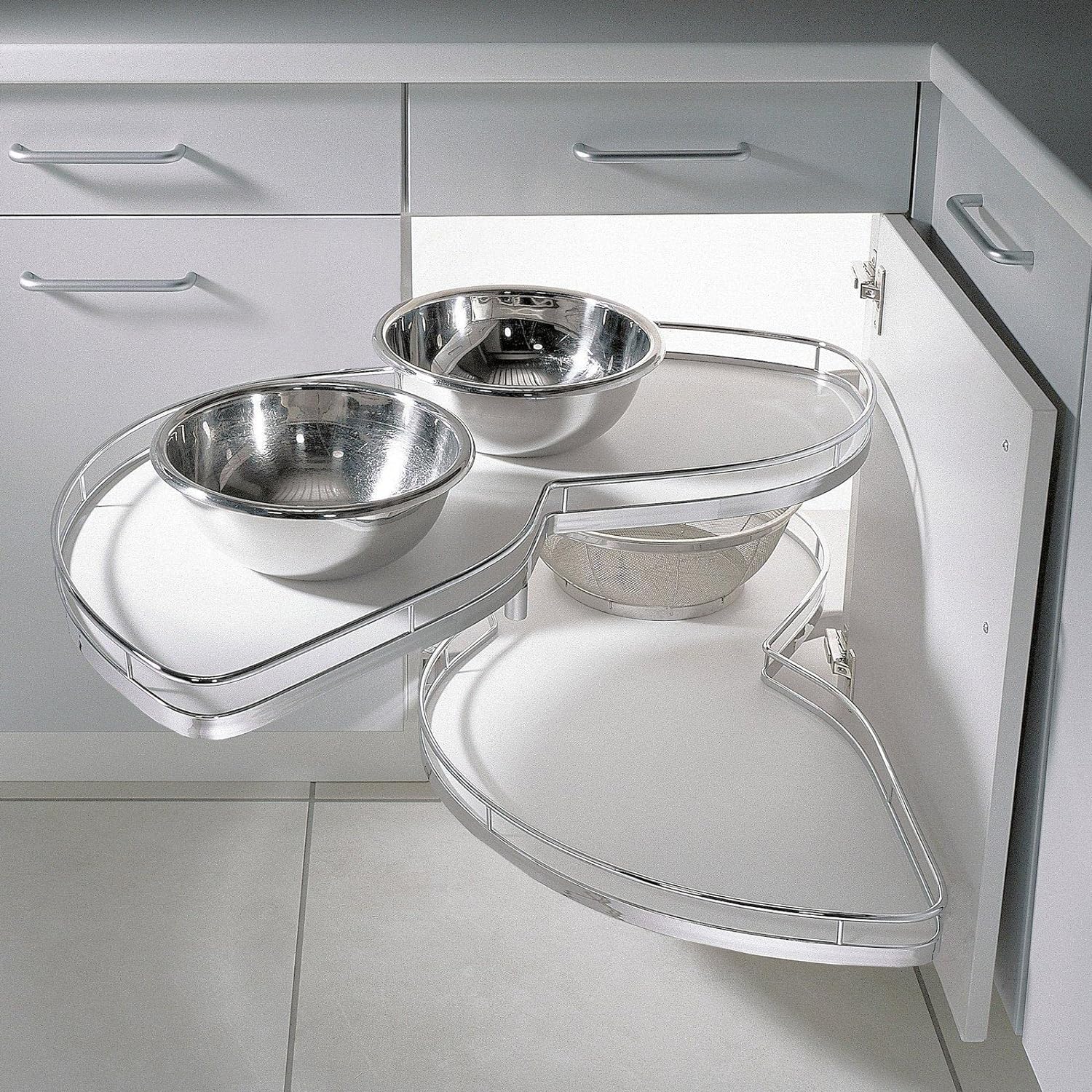 Lemans II Set 2-Shelf Lazy Susan with Soft-Close for Blind Base Corner Cabinets, Chrome and White (Model 60, Tray Size: 21", Swings Left)
