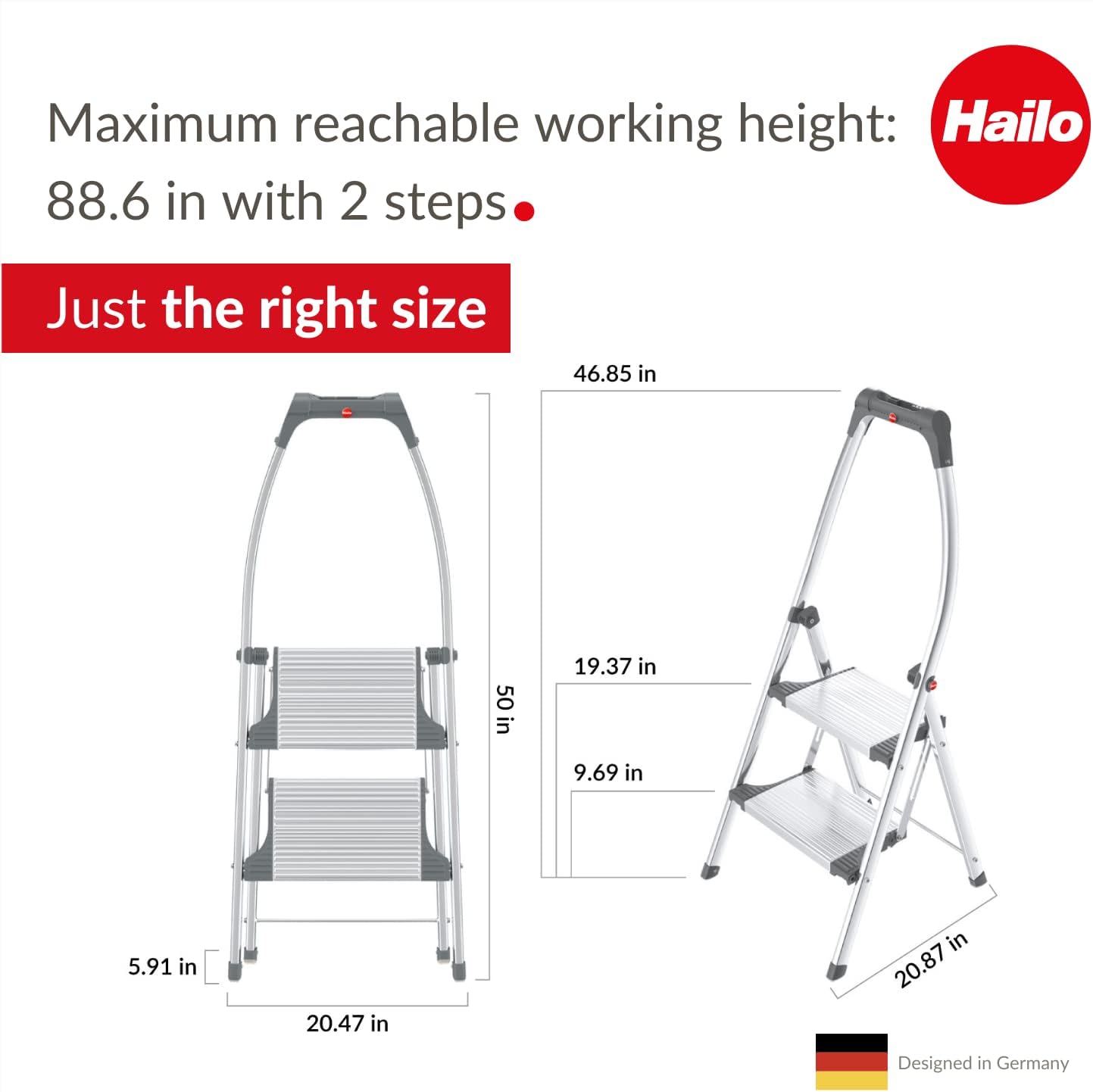 Hailo LivingStep Comfort Plus Aluminum 2 - Step Folding Stepladder Two Extra Large Steps - KI Home