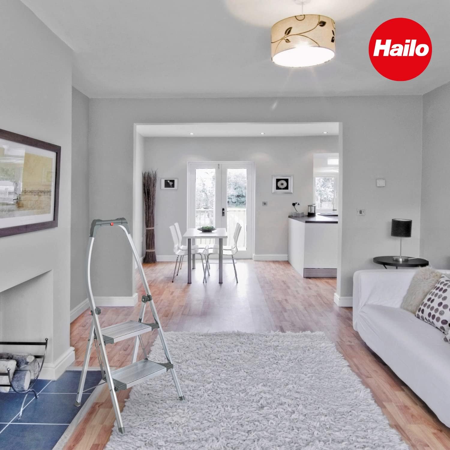 Hailo LivingStep Comfort Plus Aluminum 3 - Step Folding Stepladder with high Curved Safety bar and Storage Tray - KI Home