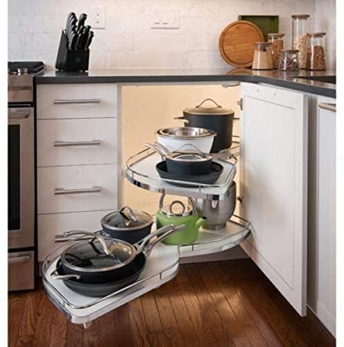 Lemans II Set 2 - Shelf Lazy Susan with Soft - Close for Blind Base Corner Cabinets, Chrome and White (Model 60, Tray Size: 21", Swings Left) - KI Home