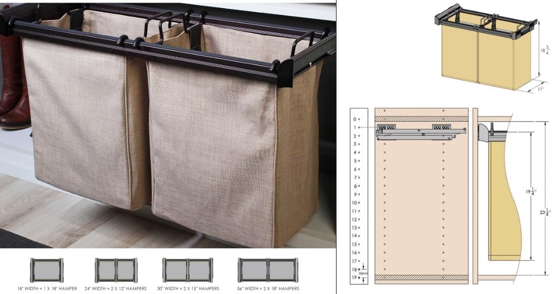 TAG Hardware Premium Closet Laundry Hamper Full Extension Soft - Close and Removable Bags and Handles - KI Home