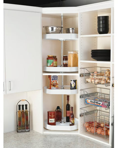 22 Inch Diameter D-Shape RAS Polymer Traditional 2 Shelf Corner Lazy Susan Set, for 26, 32 Inch Inner Cabinet Height - White