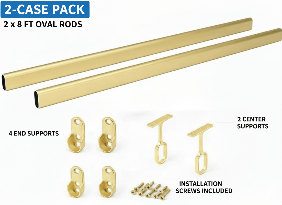 2 - Case ProPack 8ft (96") Oval Closet Wardrobe Rods with 4 End and 2 Center Supports - KI Home