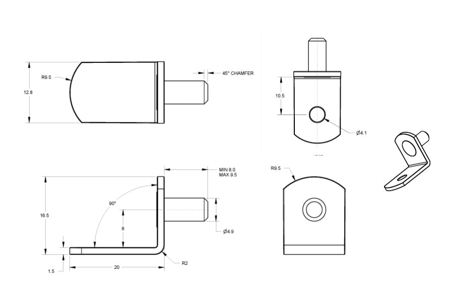20 - Pack 5mm Angle Solid Steel Shelf Supports with 1/8" Hole Bright Nickel - KI Home