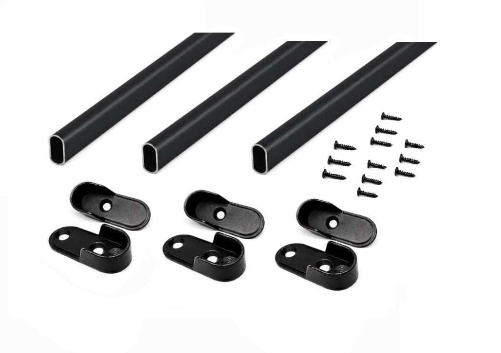 3 - Case Pack Matte Black Oval Closet Rod Kits - 1.3mm Heavy Duty Aluminum Wardrobe Tubes with End supports - KI Home