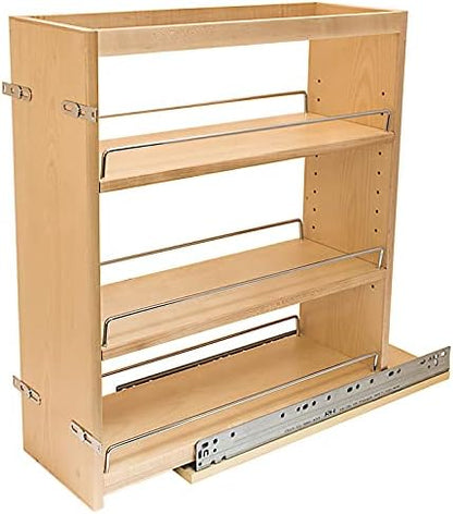 Häfele Soft-Close Base Cabinet Pullout Organizer with Adjustable Wood Shelves, Chrome Rails & Door Mount Brackets