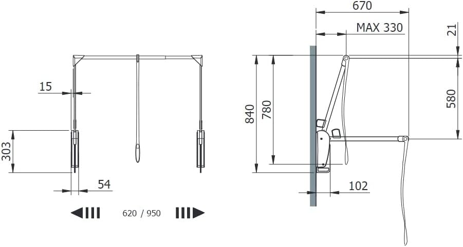 Servetto ClosetPro Central Wall-Mounted Wardrobe Lift Expanding 24 1/2" - 33 1/2" Steel Tubing 22 lb Weight capacity