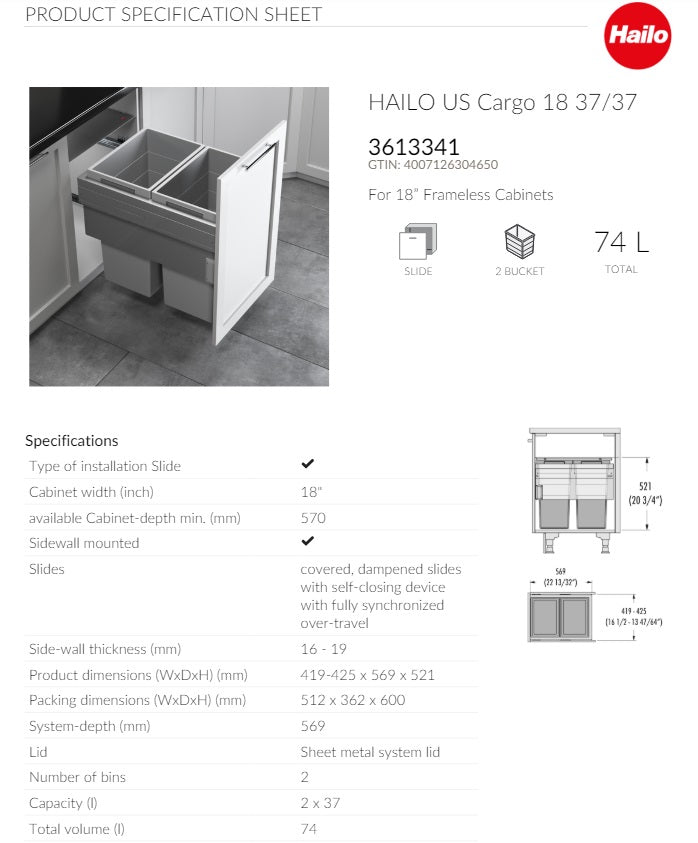 Hailo US Cargo 18 Full Access 54 Liters Waste Bin Soft-Close Pull-Out Organize Space Saver Organizer (2 x 37 Liter Bins)