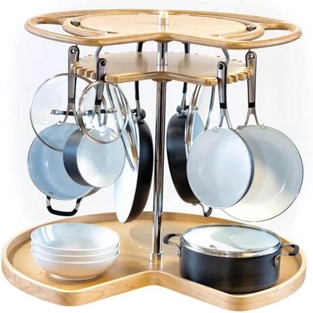 Glideware Not-So-Lazy Wood Kidney Shape Swiveling Lazy Susan Hooks Pots and Pans Organizer with 7 Metal for Corner Base Cabinet