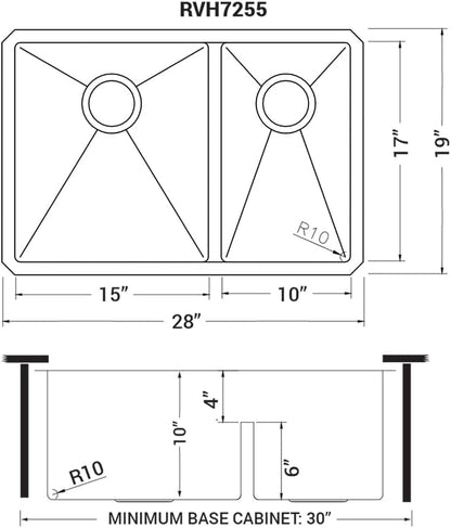 Ruvati 28-inch Low-Divide RVH7255 Undermount Tight Radius 60/40 Double Bowl 16 Gauge Stainless Steel Kitchen Sink