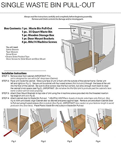Hafele Single Wood Framed Bottom Mount Kitchen Pullout Waste Container Trash Can System with Soft Close Slides and Mounting Brackets