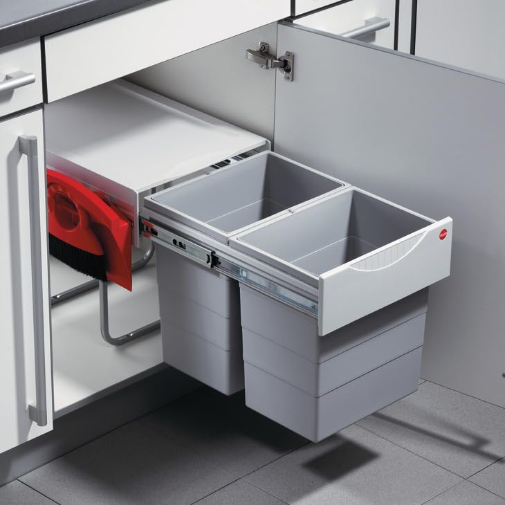 Hailo Double Waste Bin Tandem 40 Liters Pullout Under The Sink Space-Saver Waste Sorter Trash System with Dust Pan and Brush Made in Germany