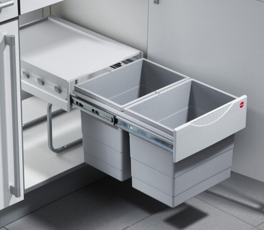 Hailo Double Waste Bin Tandem 40 Liters Pullout Under The Sink Space-Saver Waste Sorter Trash System with Dust Pan and Brush Made in Germany