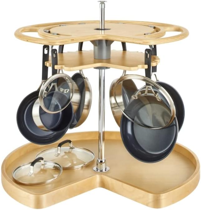 Glideware Not-So-Lazy Wood Kidney Shape Swiveling Lazy Susan Hooks Pots and Pans Organizer with 7 Metal for Corner Base Cabinet