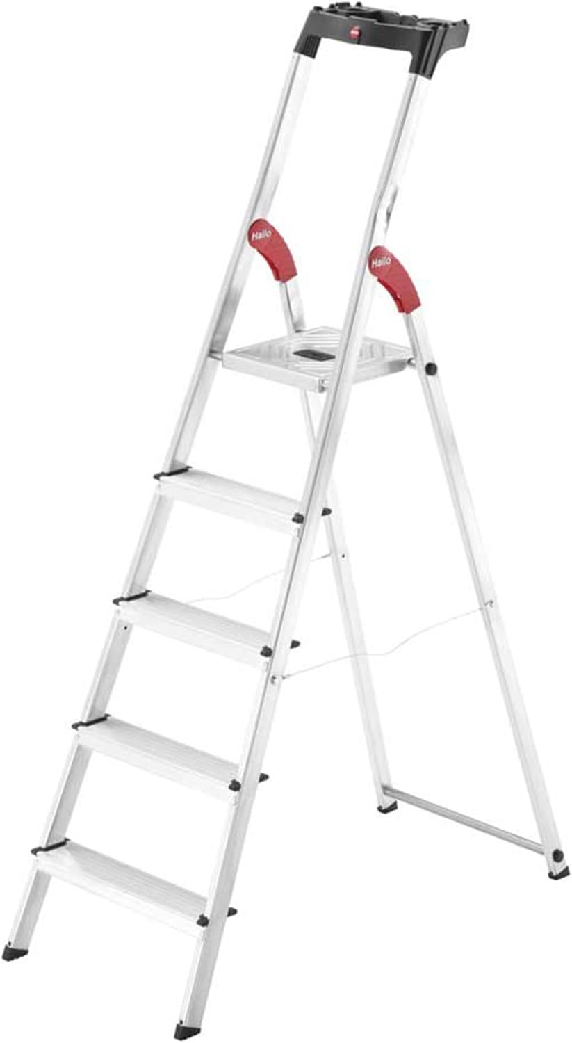 Hailo Folding Step Stool, 5-Step Ladder with Multipurpose Tray for Garage, Home & Kitchen – L60 Silver | Sturdy Aluminum Construction, Slip-Resistant Feet, High Safety Rail