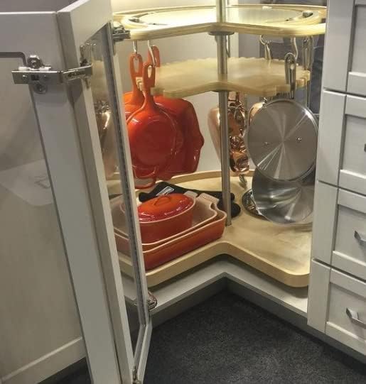 Glideware Not-So-Lazy Wood Kidney Shape Swiveling Lazy Susan Hooks Pots and Pans Organizer with 7 Metal for Corner Base Cabinet