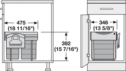 Hailo Double Waste Bin Tandem 40 Liters Pullout Under The Sink Space-Saver Waste Sorter Trash System with Dust Pan and Brush Made in Germany