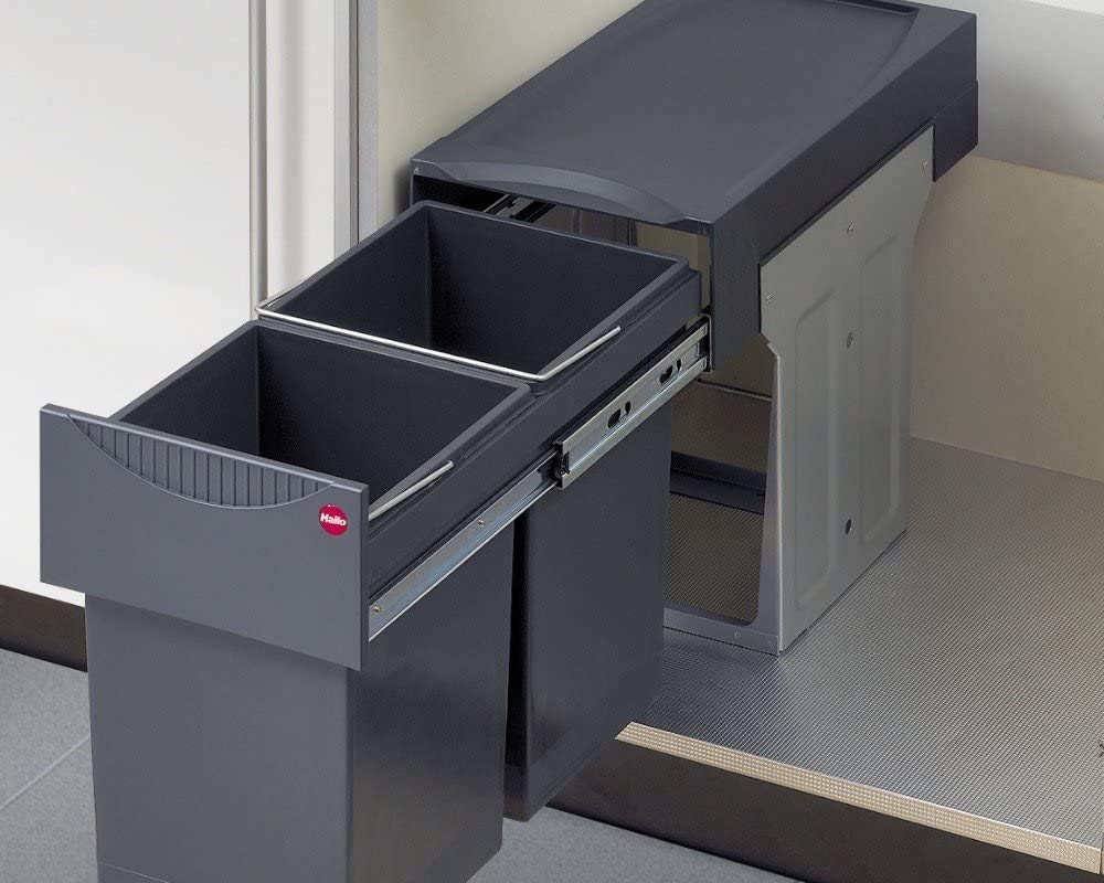 Hailo Tandem 30 Liters Pullout Bottom Mount Double Bin Trash System with Over Travel Slides Made in Germany