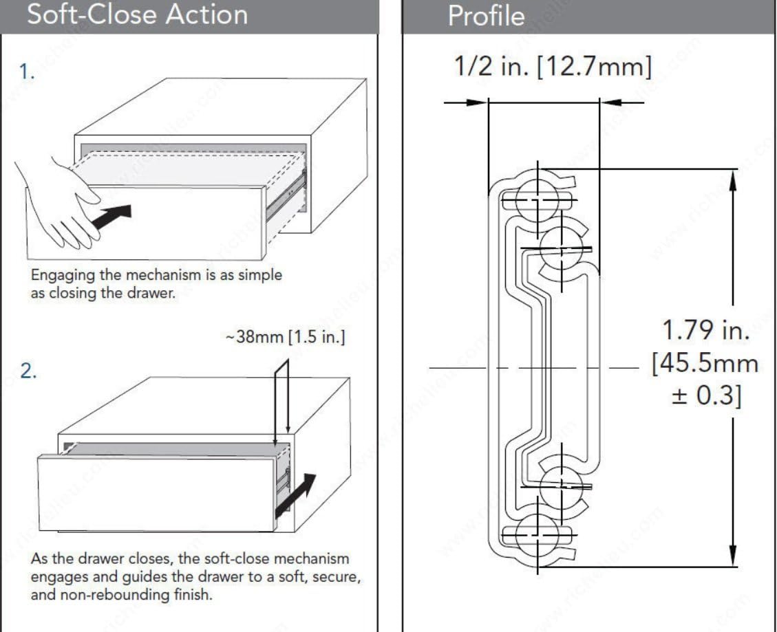 Richelieu GS4270 Series Kit Full Extension Soft-Close Drawer Slides with Rear Metal Brackets – 16" to 28" Lengths (One Pair)