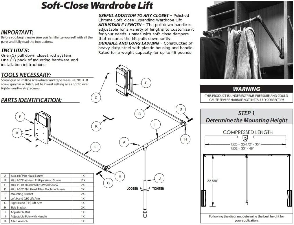 45 LB Weight Capacity Soft-Close Heavy-Duty Steel Closet Side-Mounted Wardrobe Lift with Adjustable Width