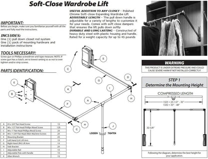 Hardware Resources 45 LB Weight Capacity Soft-Close Heavy-Duty Steel Closet Side-Mounted Wardrobe Lift with Adjustable Width