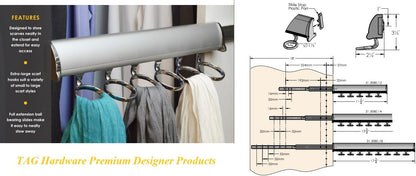 TAG Hardware Premium 5-Ring Full Extension Pullout Closet Wardrobe Scarf Rack