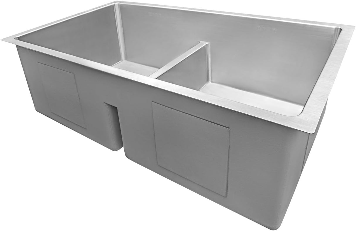 Ruvati 32-inch Low-Divide Undermount 50/50 Double Bowl 16 Gauge Rounded Corners Stainless Steel Kitchen Sink – RVH7411