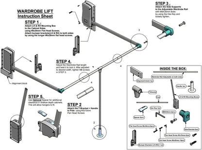 Hafele Heavy-Duty Pull Down Wardrobe Closet Rod Lift - 33 LB Load Capacity in White, Chrome, or Black