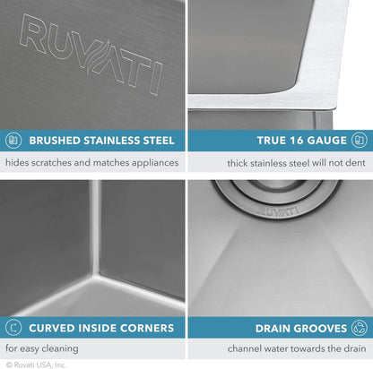 Ruvati 32-inch Low-Divide Undermount 50/50 Double Bowl 16 Gauge Rounded Corners Stainless Steel Kitchen Sink – RVH7411
