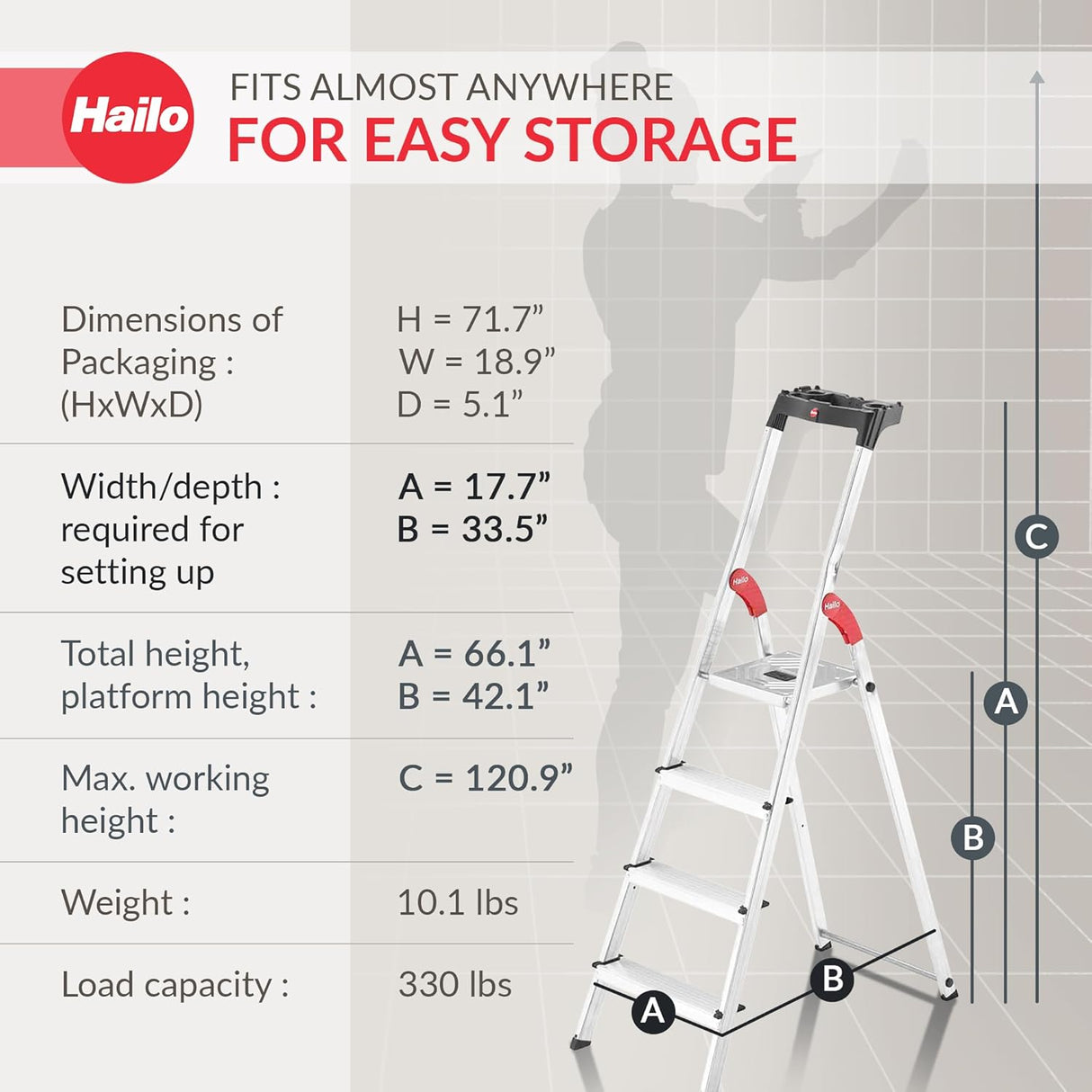 Hailo Folding Step Stool, 4-Step Ladder with Multipurpose Tray for Garage, Home & Kitchen – L60 Silver | Sturdy Aluminum Construction, Slip-Resistant Feet, High Safety Rail