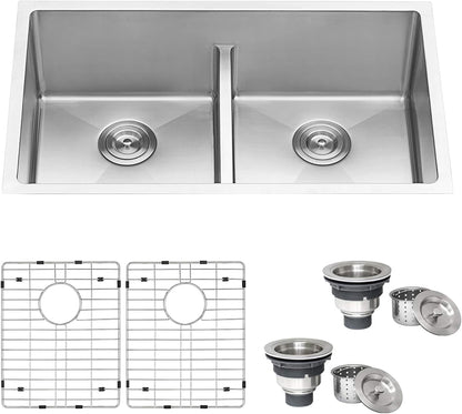 Ruvati 32-inch Low-Divide Undermount 50/50 Double Bowl 16 Gauge Rounded Corners Stainless Steel Kitchen Sink – RVH7411