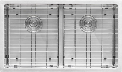 Ruvati 32-inch Low-Divide Undermount 50/50 Double Bowl 16 Gauge Rounded Corners Stainless Steel Kitchen Sink – RVH7411