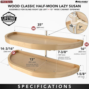 Rev-A-Shelf Dual Shelf Half Moon Lazy Susan Organizer for Blind Corner Kitchen Cabinets, Pull Out Turntable Storage Trays, Wood, 4WLS882-32-570