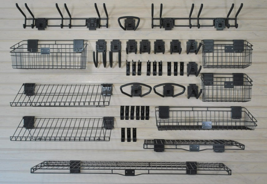 HandiWALL® Deluxe Accessory Kit with Locks – 46-Piece Slatwall Hook & Basket Set | Heavy-Duty Steel | Graphite Finish