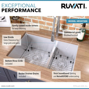 Ruvati 28-inch Low-Divide RVH7255 Undermount Tight Radius 60/40 Double Bowl 16 Gauge Stainless Steel Kitchen Sink