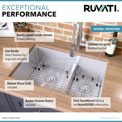 Ruvati 30-inch Low-Divide Undermount Rounded Corners 50/50 Double Bowl 16 Gauge Stainless Steel Kitchen Sink – RVH7355