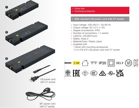 Hafele Loox5 Driver Constant Voltage AC to 12 volts DC with 90 Degree Power Cable