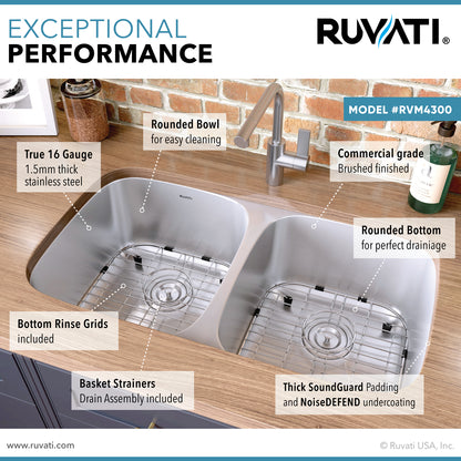 Ruvati Parmi 32-inch Undermount 50/50 Double Bowl 16 Gauge Stainless Steel Kitchen Sink – RVM4300