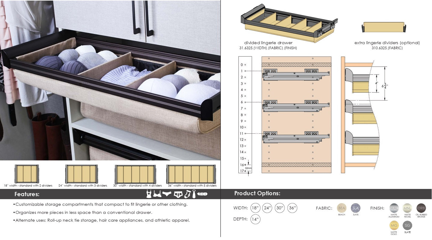 TAG Hardware Engage Pullout Lingerie Organizer | Soft-Close Undermount Slides, 14-Inch Depth