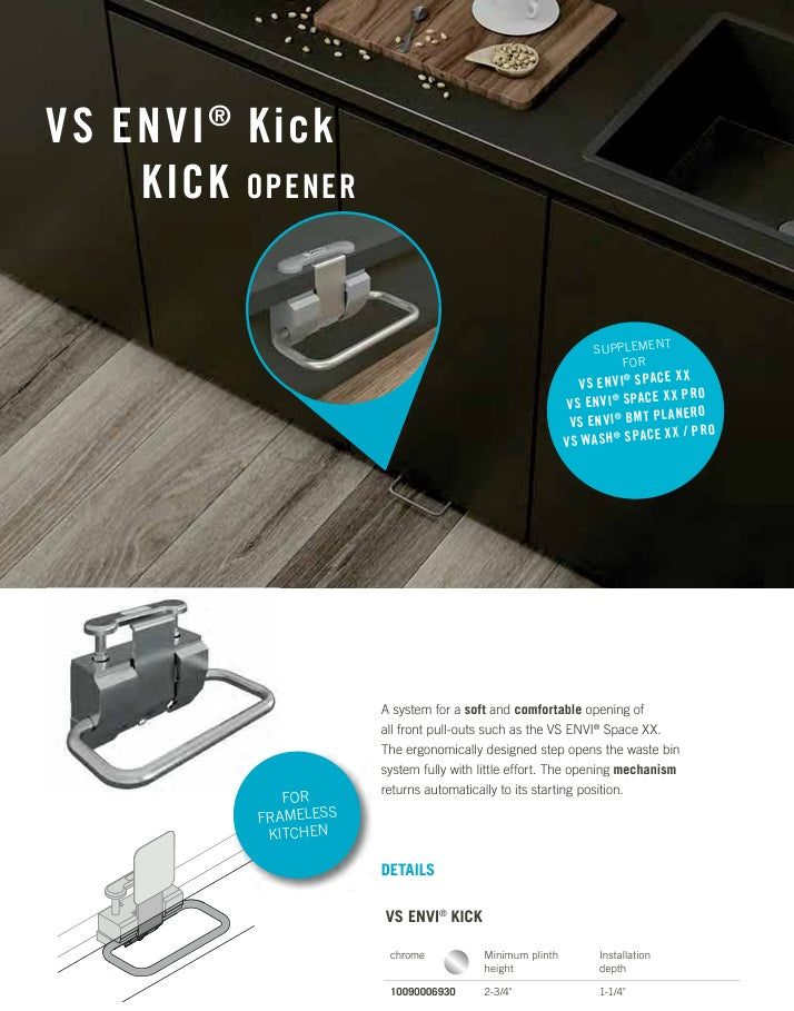 VS Envi Hands-Free Toe Kick Garbage Can Cabinet Door Opener Pedal Suitable for Frameless Cabinets