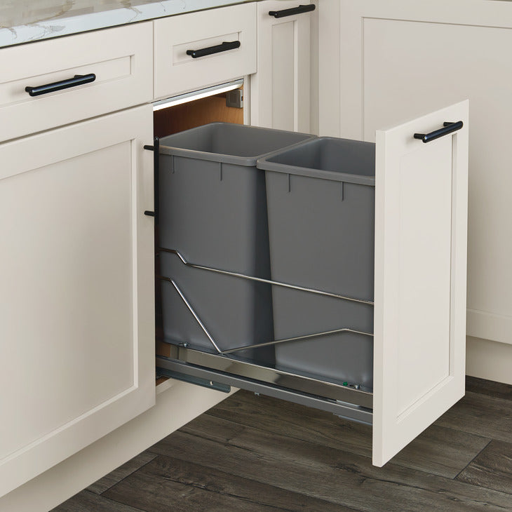 Hafele Premium Bottom-Mount 2 x 28 qt. Bins Pullout Trash System with Soft Close and Door Mounting Brackets