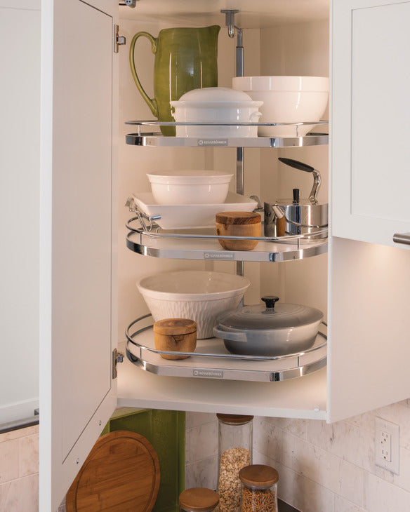 Kessebohmer Twister D-Shaped Nonslip 2 or 3-Shelf Revolving Lazy Susan Set for Upper Wall Corner Cabinets Height 25 15/16" – 30 1/2"