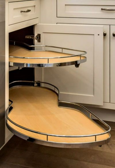 Lemans II Set 2-Shelf Lazy Susan with Soft-Close for Blind Base Corner Cabinets Chrome and Maple Model 60 Swing Left