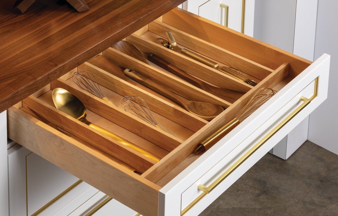 Häfele Elemental Wood Cutlery Tray – Rubberwood & Birch Insert for 15–21" and 21–24" Face Frame Cabinets – Trimmable Drawer Organizer - KI Home