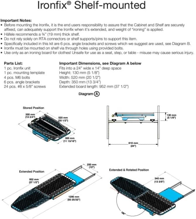 Häfele Ironfix® Shelf - Mounted Steel Ironing Board with Heat - Resistant Pad Cover - KI Home