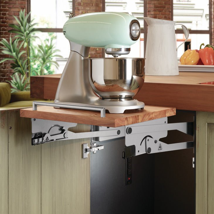 Hafele Kitchen Appliance Hardware Stand Mixer Soft - Close Lift Steel Mechanism 60 Lb Storage Weight Capacity Platinum - KI Home