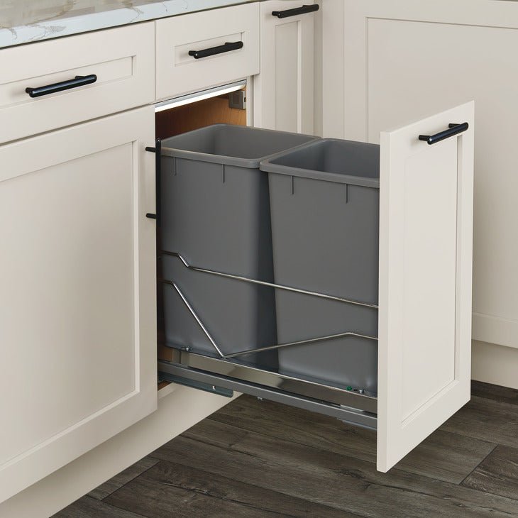 Hafele Premium Bottom - Mount 2 x 28 qt. Bins Pullout Trash System with Soft Close and Door Mounting Brackets - KI Home