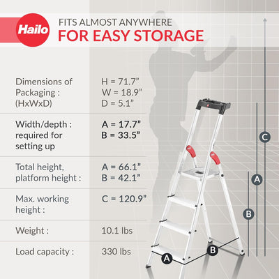 Hailo Folding Step Stool, 4 - Step Ladder with Multipurpose Tray for Garage, Home & Kitchen – L60 Silver | Sturdy Aluminum Construction, Slip - Resistant Feet, High Safety Rail - KI Home